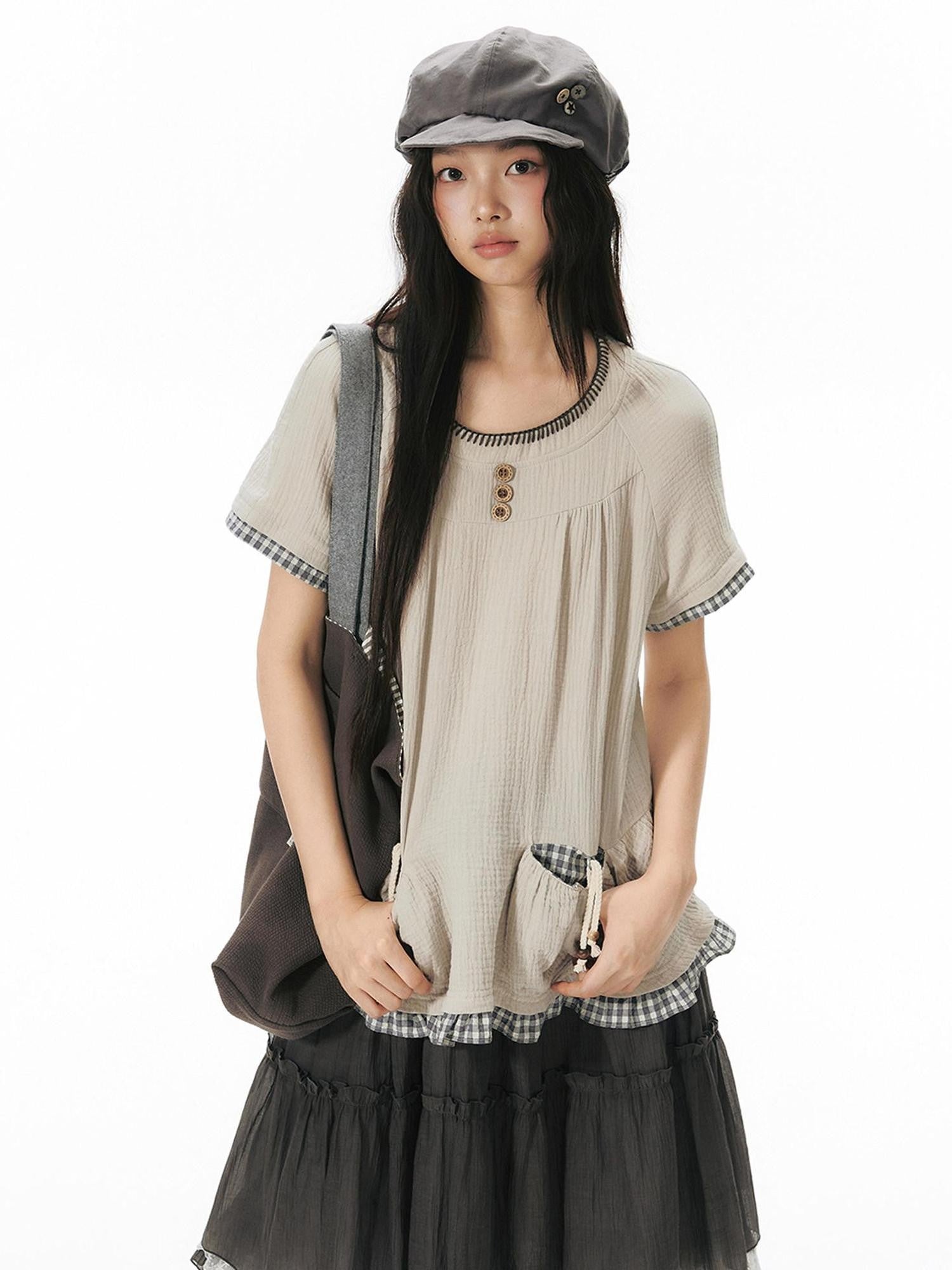 NAPSNAPS Embroidered Patchwork Loose Raglan Crewneck Women&