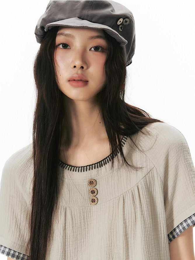 NAPSNAPS Embroidered Patchwork Loose Raglan Crewneck Women&