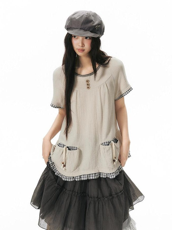 NAPSNAPS Embroidered Patchwork Loose Raglan Crewneck Women&