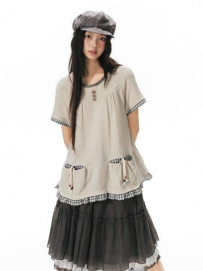 NAPSNAPS Embroidered Patchwork Loose Raglan Crewneck Women&