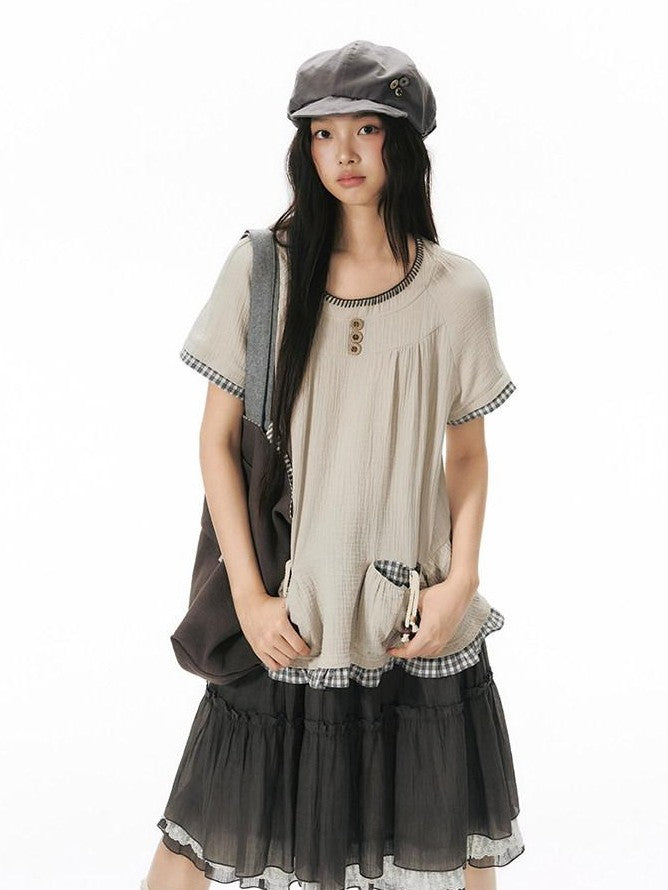 NAPSNAPS Embroidered Patchwork Loose Raglan Crewneck Women&