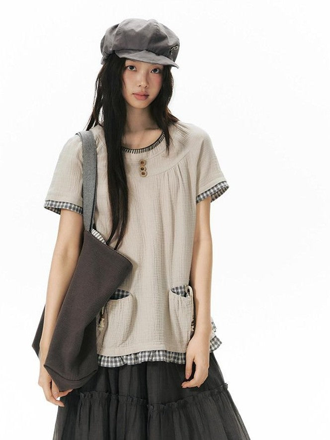 NAPSNAPS Embroidered Patchwork Loose Raglan Crewneck Women&