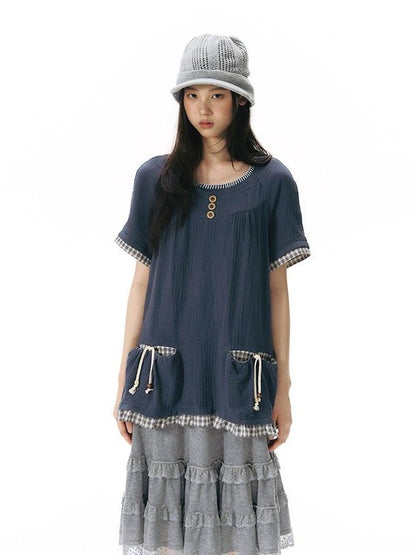 NAPSNAPS Embroidered Patchwork Loose Raglan Crewneck Women&