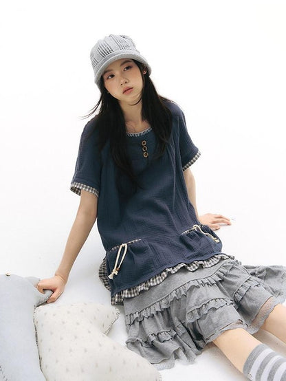 NAPSNAPS Embroidered Patchwork Loose Raglan Crewneck Women&
