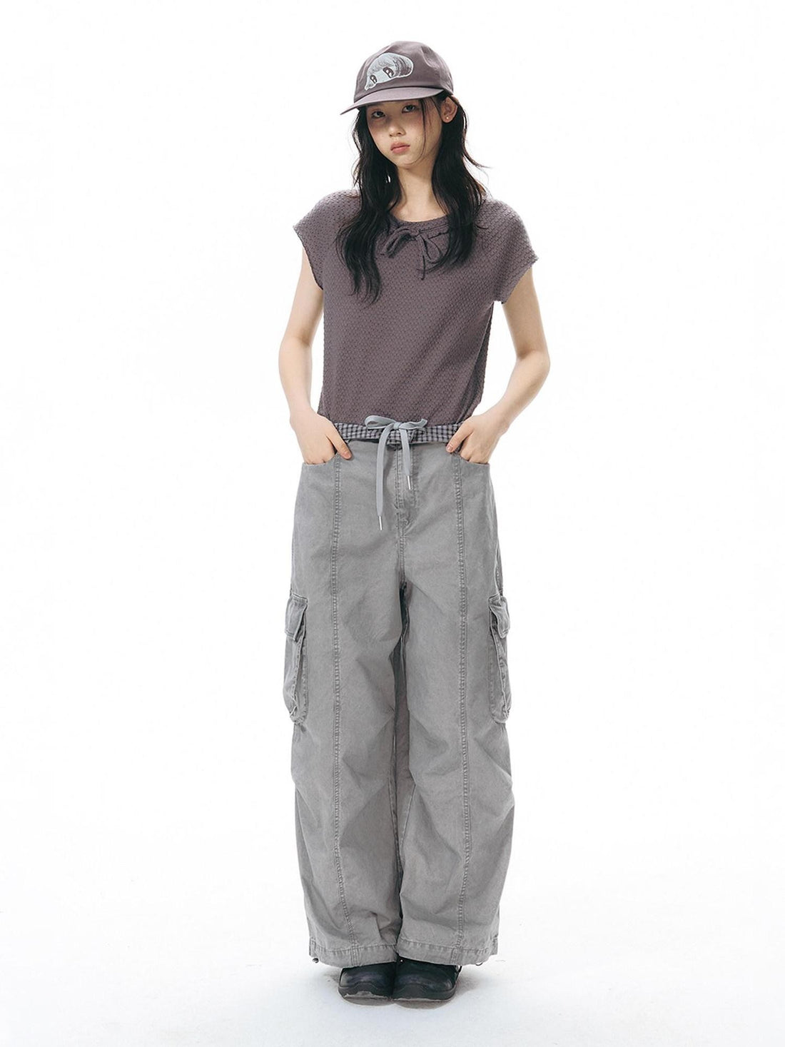 NAPSNAPS Embroidered Pocket Low Rise Wide Leg Women&