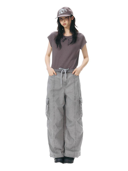NAPSNAPS Embroidered Pocket Low Rise Wide Leg Women&