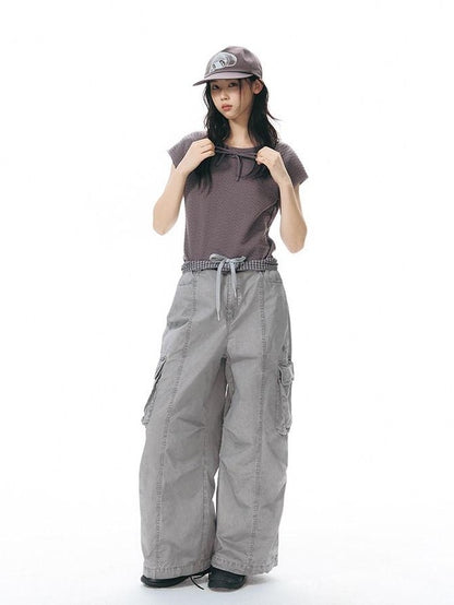 NAPSNAPS Embroidered Pocket Low Rise Wide Leg Women&