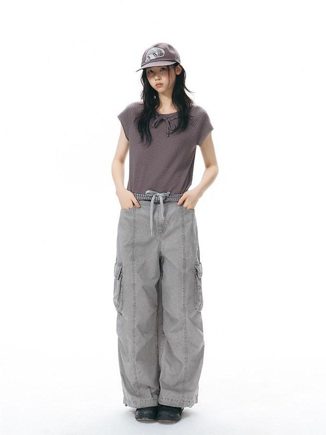 NAPSNAPS Embroidered Pocket Low Rise Wide Leg Women&