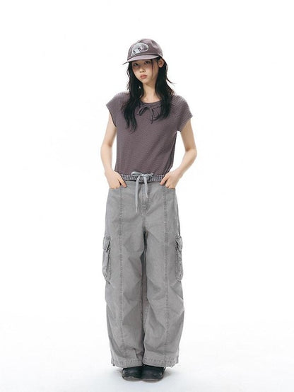 NAPSNAPS Embroidered Pocket Low Rise Wide Leg Women&