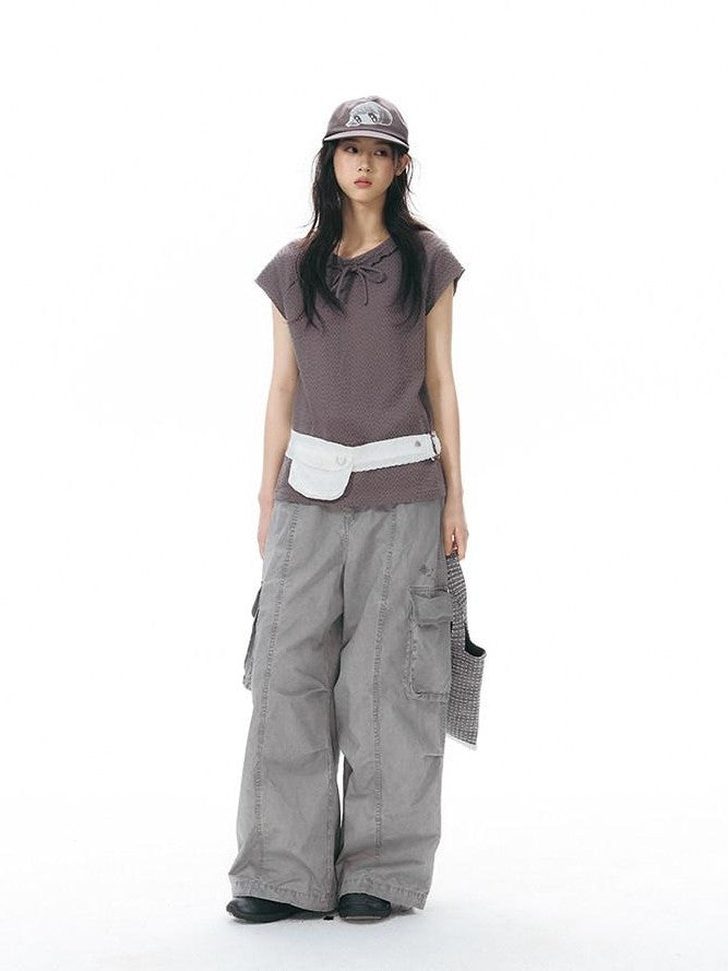 NAPSNAPS Embroidered Pocket Low Rise Wide Leg Women&