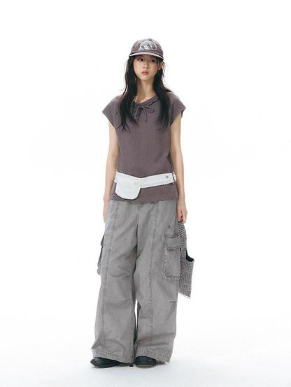 NAPSNAPS Embroidered Pocket Low Rise Wide Leg Women&