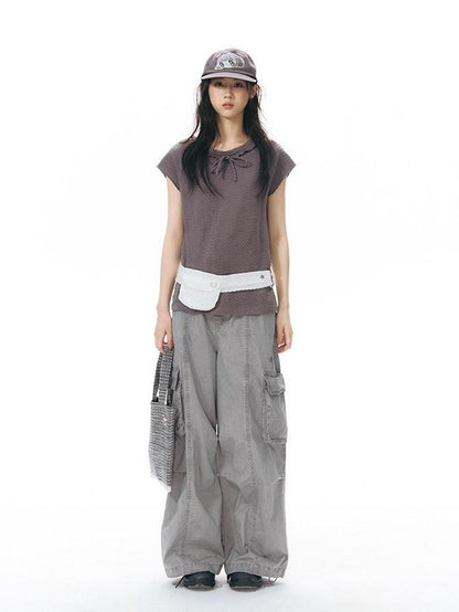 NAPSNAPS Embroidered Pocket Low Rise Wide Leg Women&