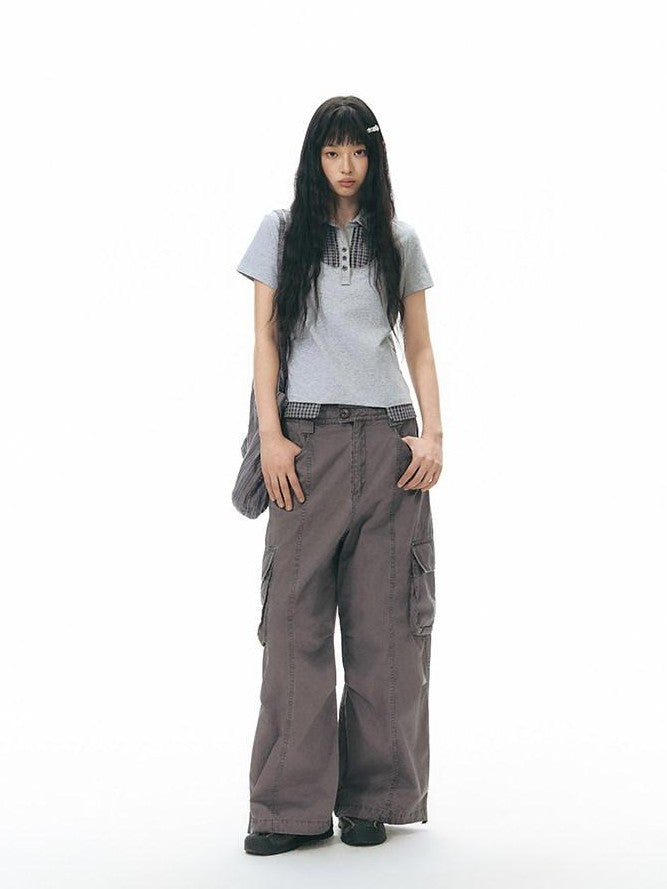 NAPSNAPS Embroidered Pocket Low Rise Wide Leg Women&