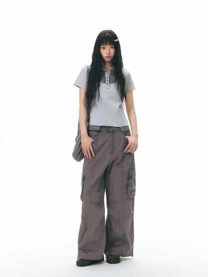 NAPSNAPS Embroidered Pocket Low Rise Wide Leg Women&