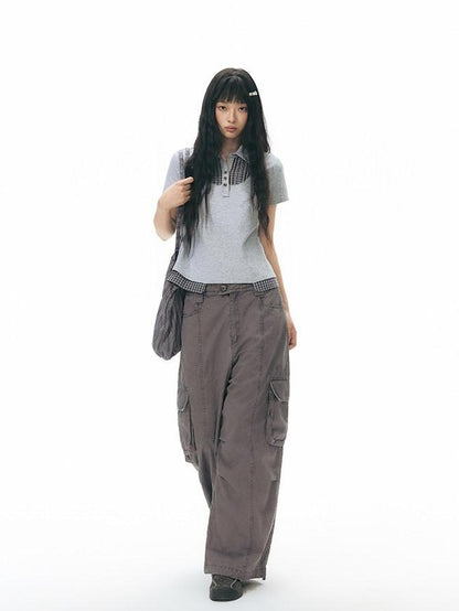 NAPSNAPS Embroidered Pocket Low Rise Wide Leg Women&
