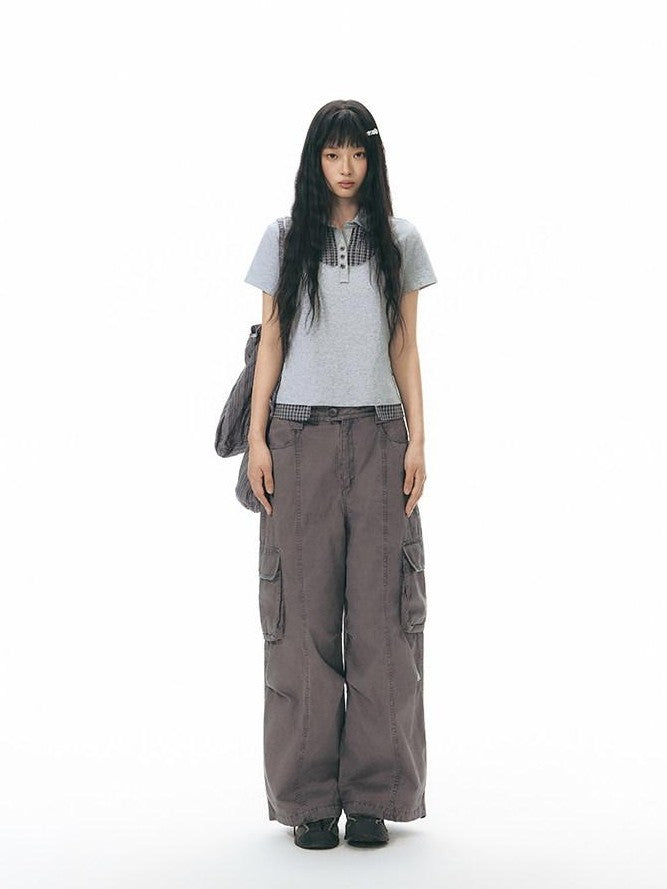 NAPSNAPS Embroidered Pocket Low Rise Wide Leg Women&