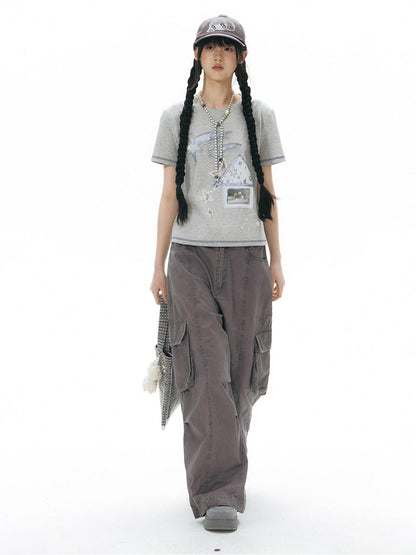 NAPSNAPS Embroidered Pocket Low Rise Wide Leg Women&