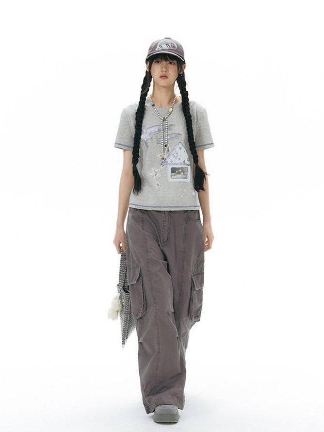 NAPSNAPS Embroidered Pocket Low Rise Wide Leg Women&