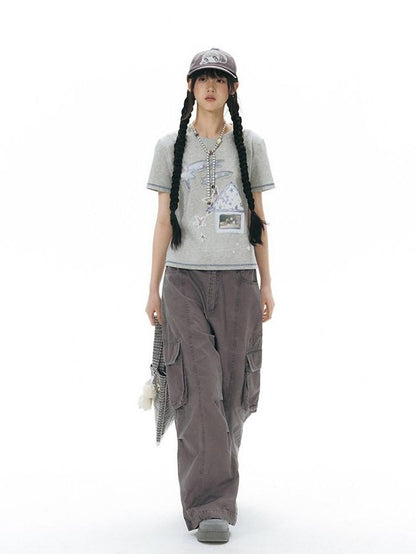 NAPSNAPS Embroidered Pocket Low Rise Wide Leg Women&