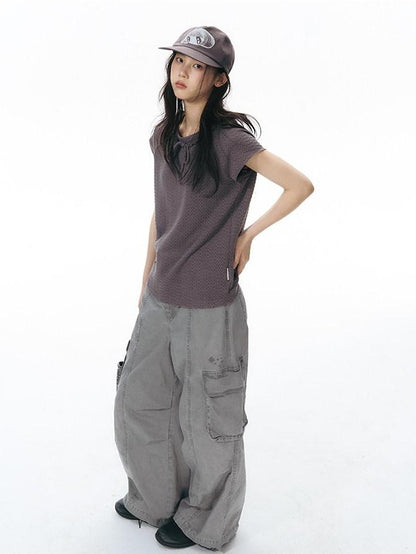 NAPSNAPS Embroidered Pocket Low Rise Wide Leg Women&