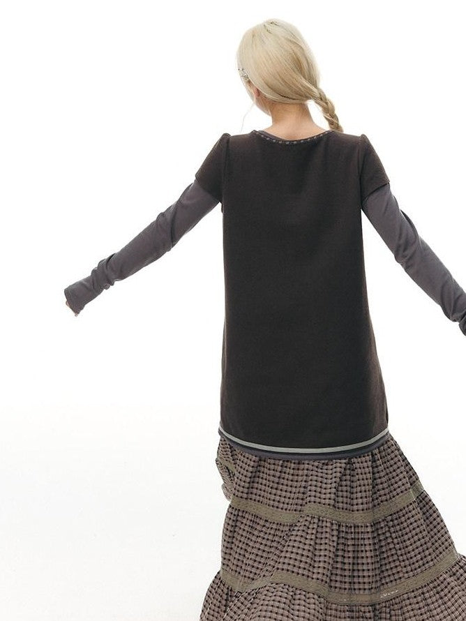 NAPSNAPS Embroidered Tie Round Neck Princess Sleeve Women&