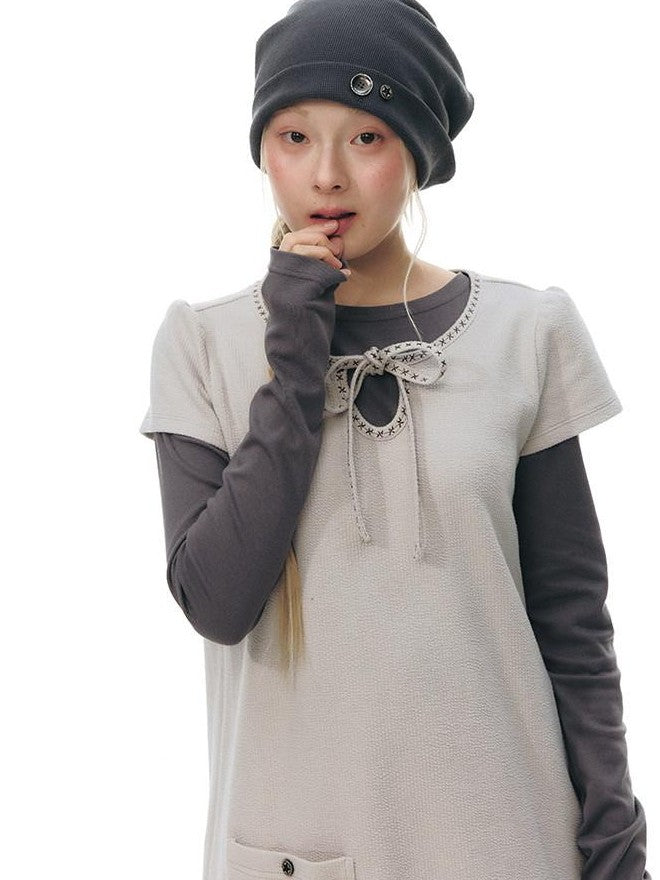 NAPSNAPS Embroidered Tie Round Neck Princess Sleeve Women&