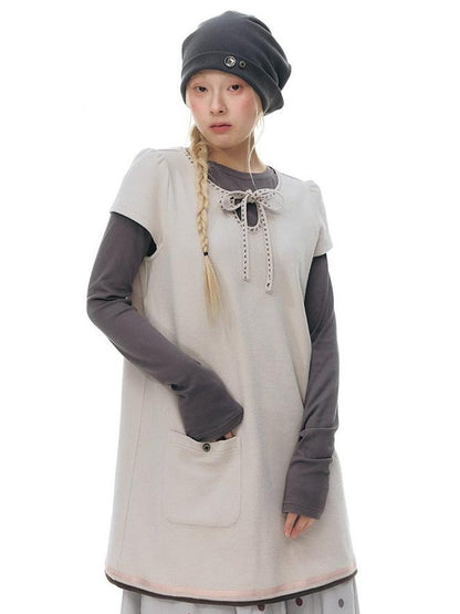 NAPSNAPS Embroidered Tie Round Neck Princess Sleeve Women&