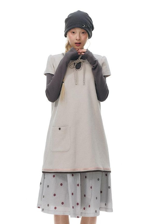 NAPSNAPS Embroidered Tie Round Neck Princess Sleeve Women&