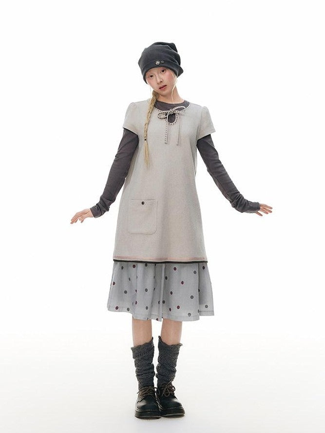 NAPSNAPS Embroidered Tie Round Neck Princess Sleeve Women&