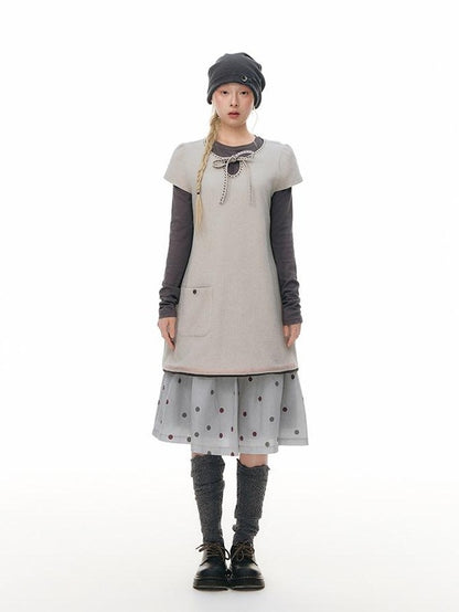 NAPSNAPS Embroidered Tie Round Neck Princess Sleeve Women&