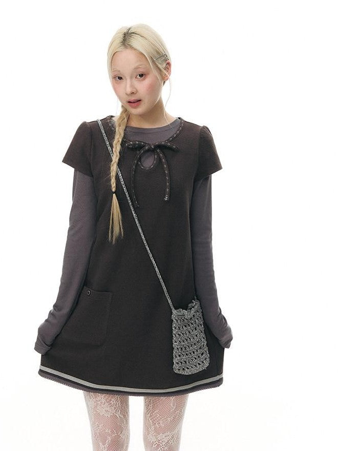 NAPSNAPS Embroidered Tie Round Neck Princess Sleeve Women&