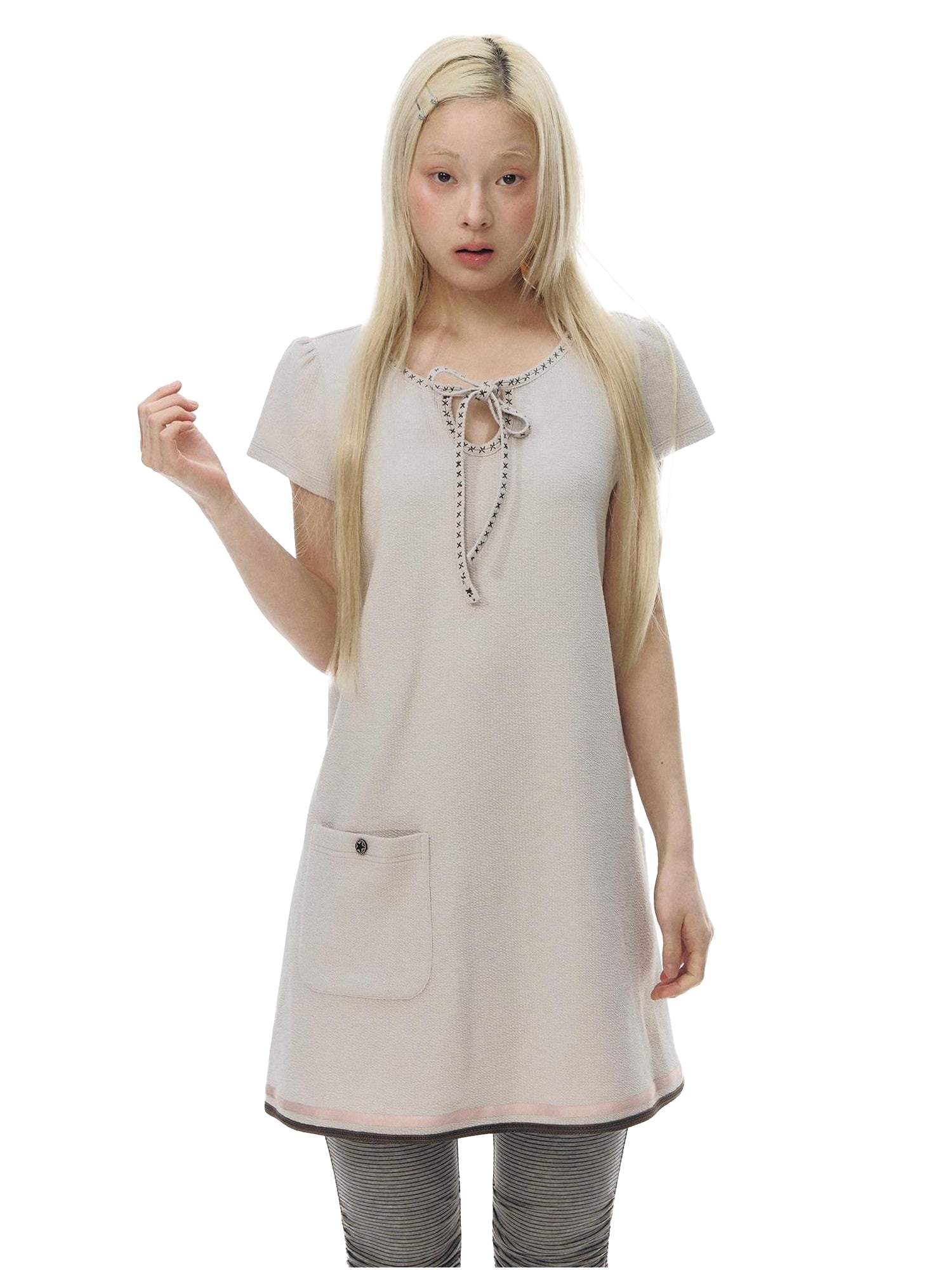 NAPSNAPS Embroidered Tie Round Neck Princess Sleeve Women&