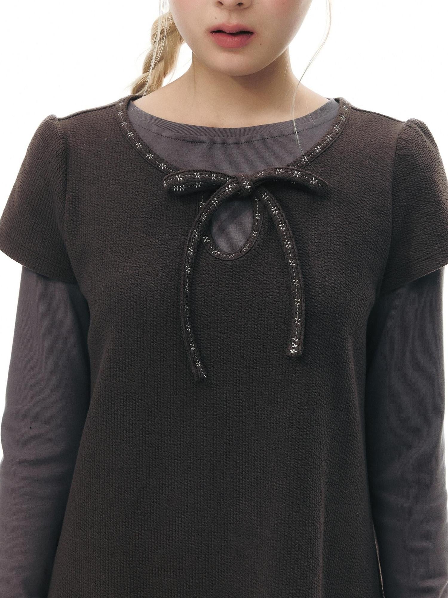 NAPSNAPS Embroidered Tie Round Neck Princess Sleeve Women&