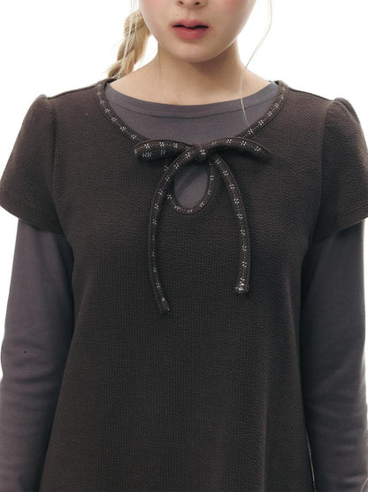 NAPSNAPS Embroidered Tie Round Neck Princess Sleeve Women&