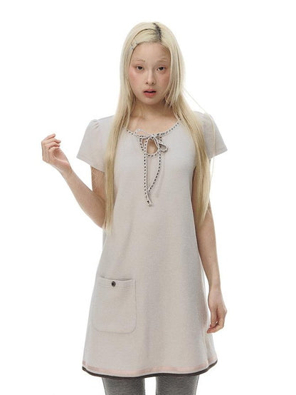 NAPSNAPS Embroidered Tie Round Neck Princess Sleeve Women&