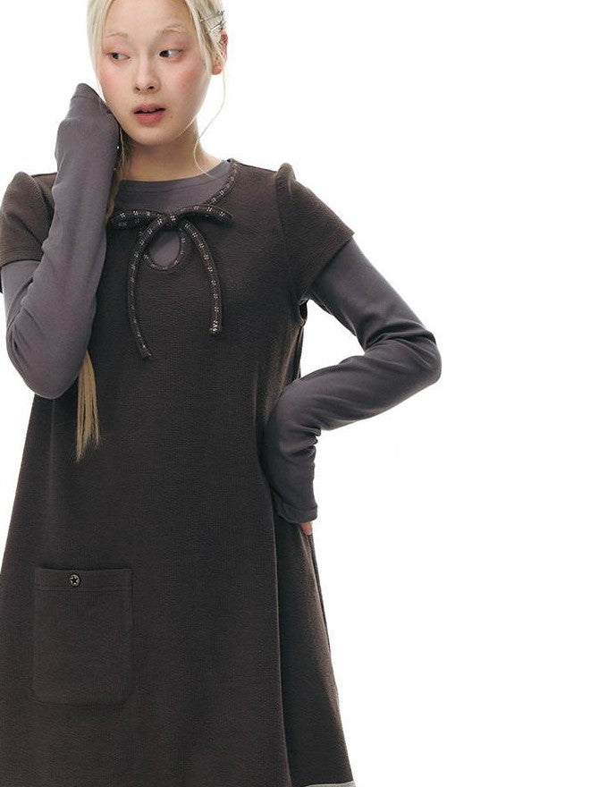 NAPSNAPS Embroidered Tie Round Neck Princess Sleeve Women&