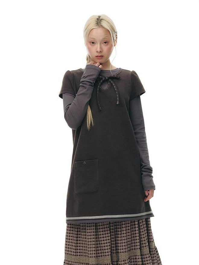 NAPSNAPS Embroidered Tie Round Neck Princess Sleeve Women&