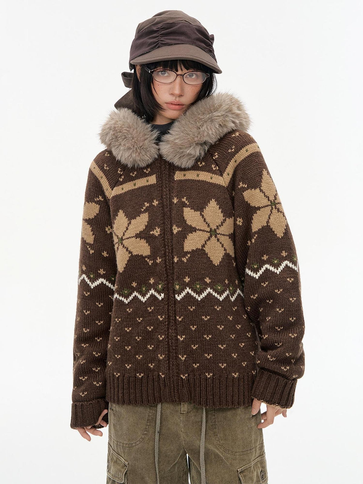 NAPSNAPS Fair Isle Hooded Faux Fur Trim Women&