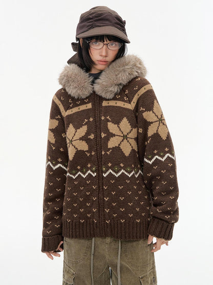 NAPSNAPS Fair Isle Hooded Faux Fur Trim Women&