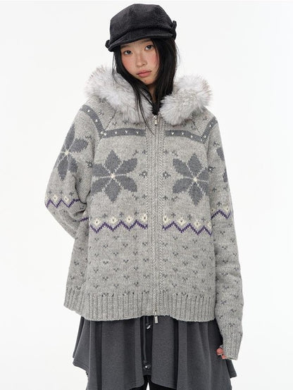 NAPSNAPS Fair Isle Hooded Faux Fur Trim Women&