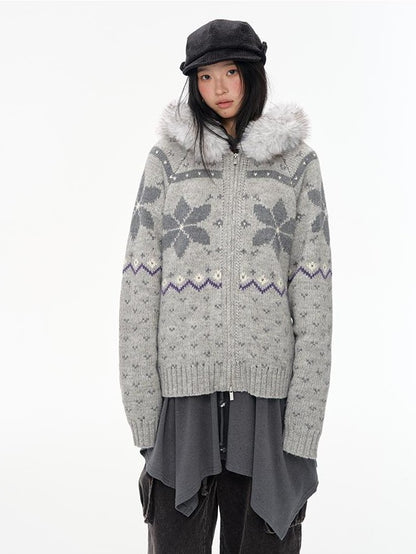 NAPSNAPS Fair Isle Hooded Faux Fur Trim Women&