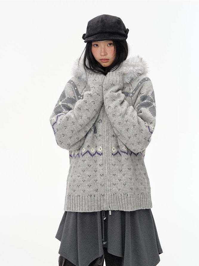 NAPSNAPS Fair Isle Hooded Faux Fur Trim Women&