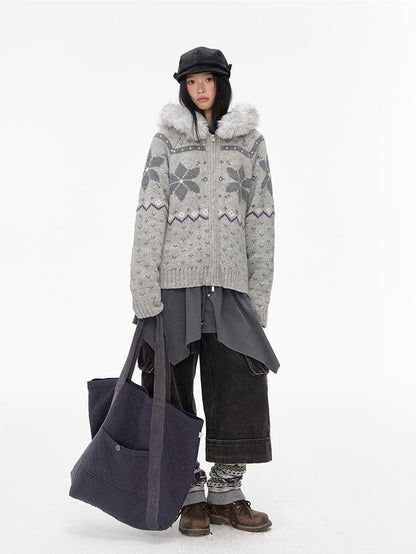 NAPSNAPS Fair Isle Hooded Faux Fur Trim Women&