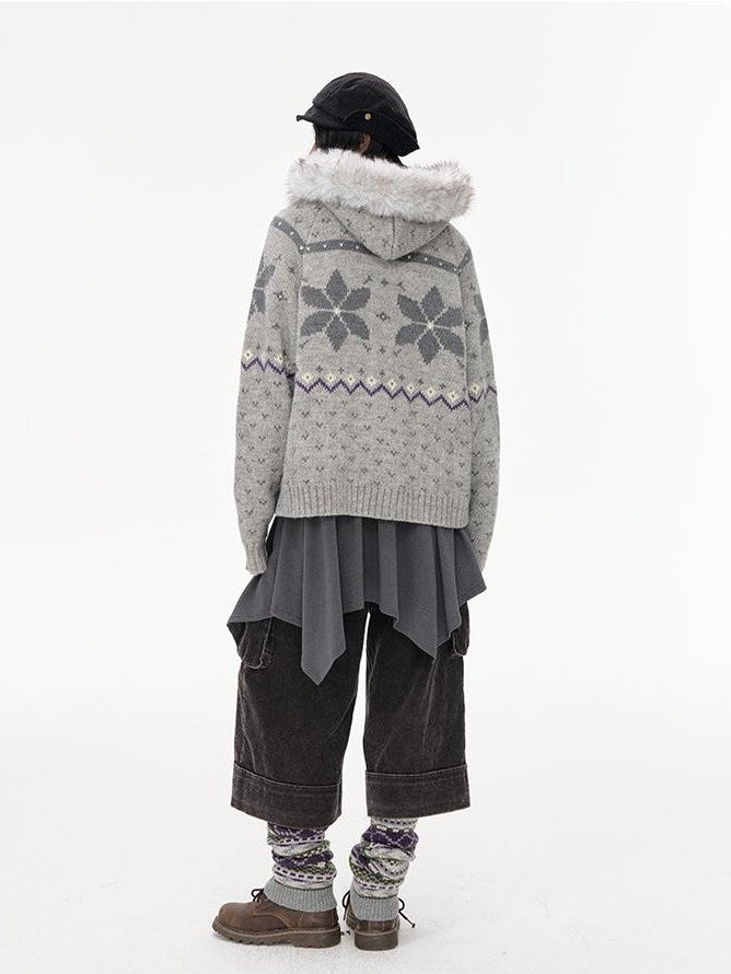 NAPSNAPS Fair Isle Hooded Faux Fur Trim Women&