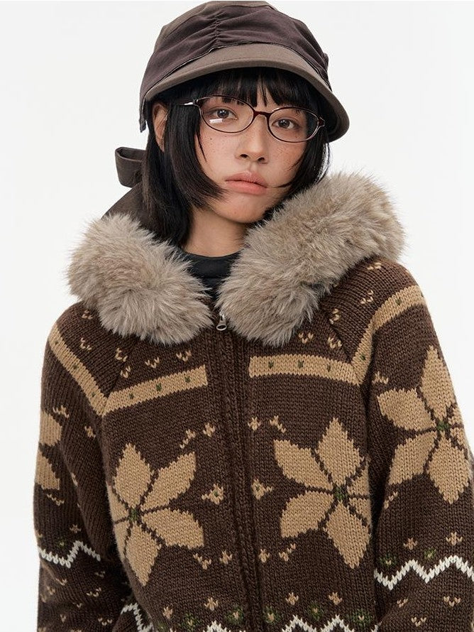 NAPSNAPS Fair Isle Hooded Faux Fur Trim Women&