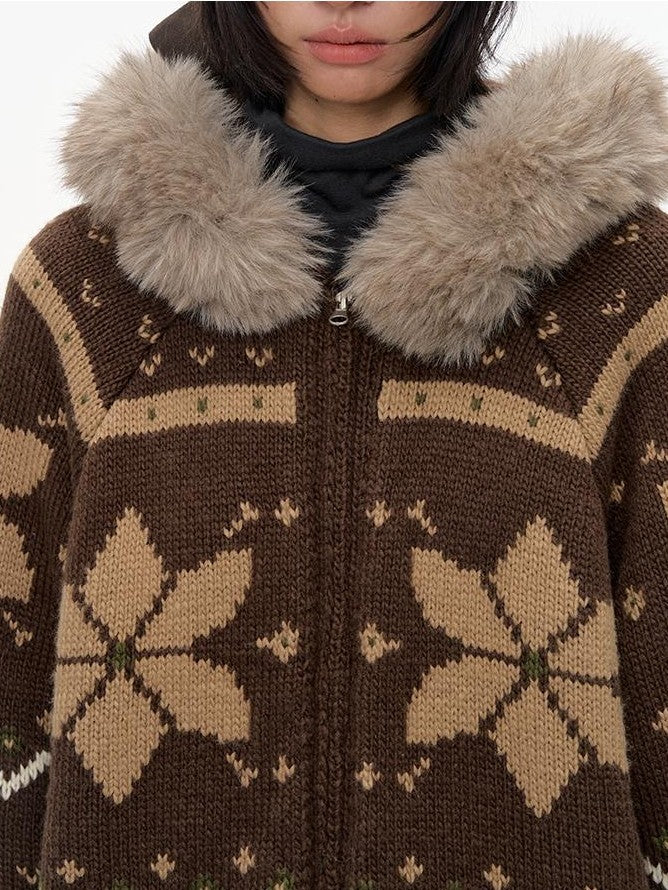 NAPSNAPS Fair Isle Hooded Faux Fur Trim Women&