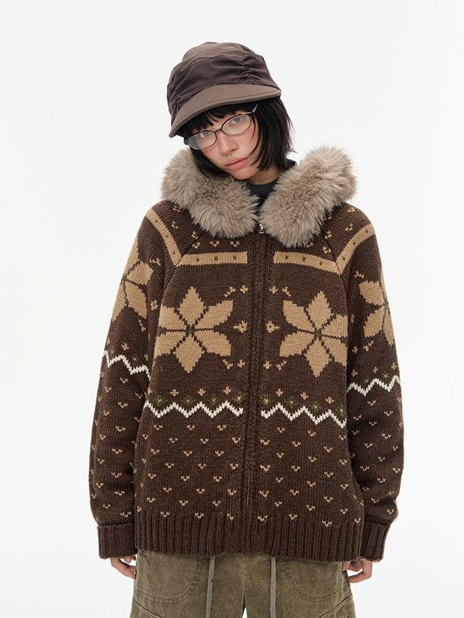 NAPSNAPS Fair Isle Hooded Faux Fur Trim Women&