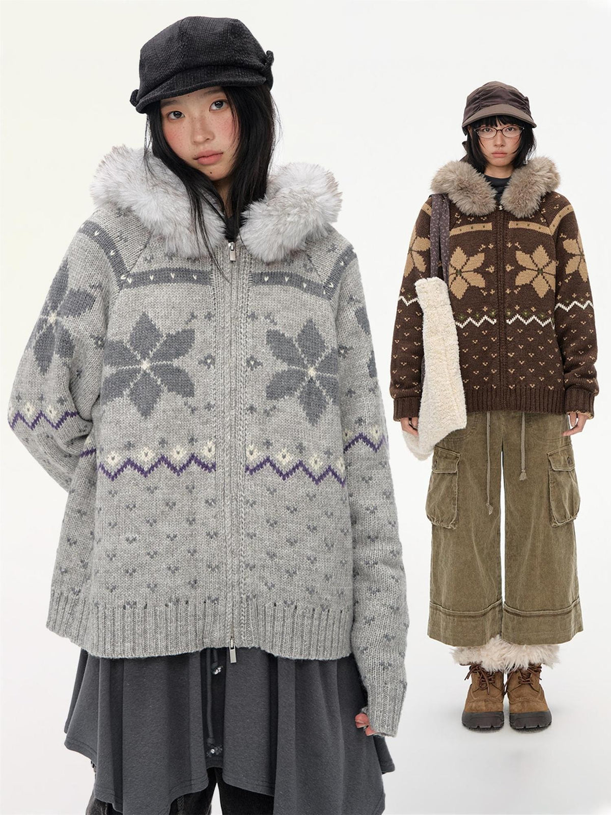 NAPSNAPS Fair Isle Hooded Faux Fur Trim Women&