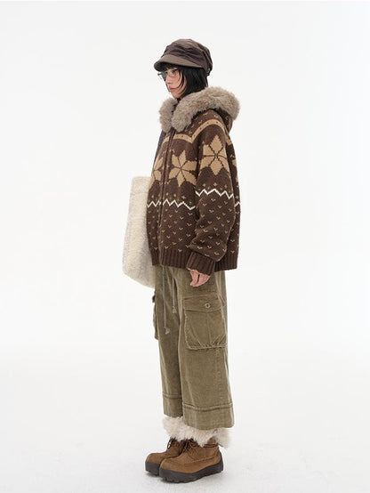 NAPSNAPS Fair Isle Hooded Faux Fur Trim Women&