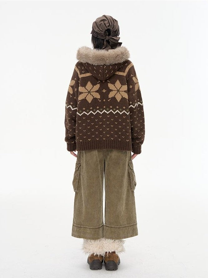 NAPSNAPS Fair Isle Hooded Faux Fur Trim Women&